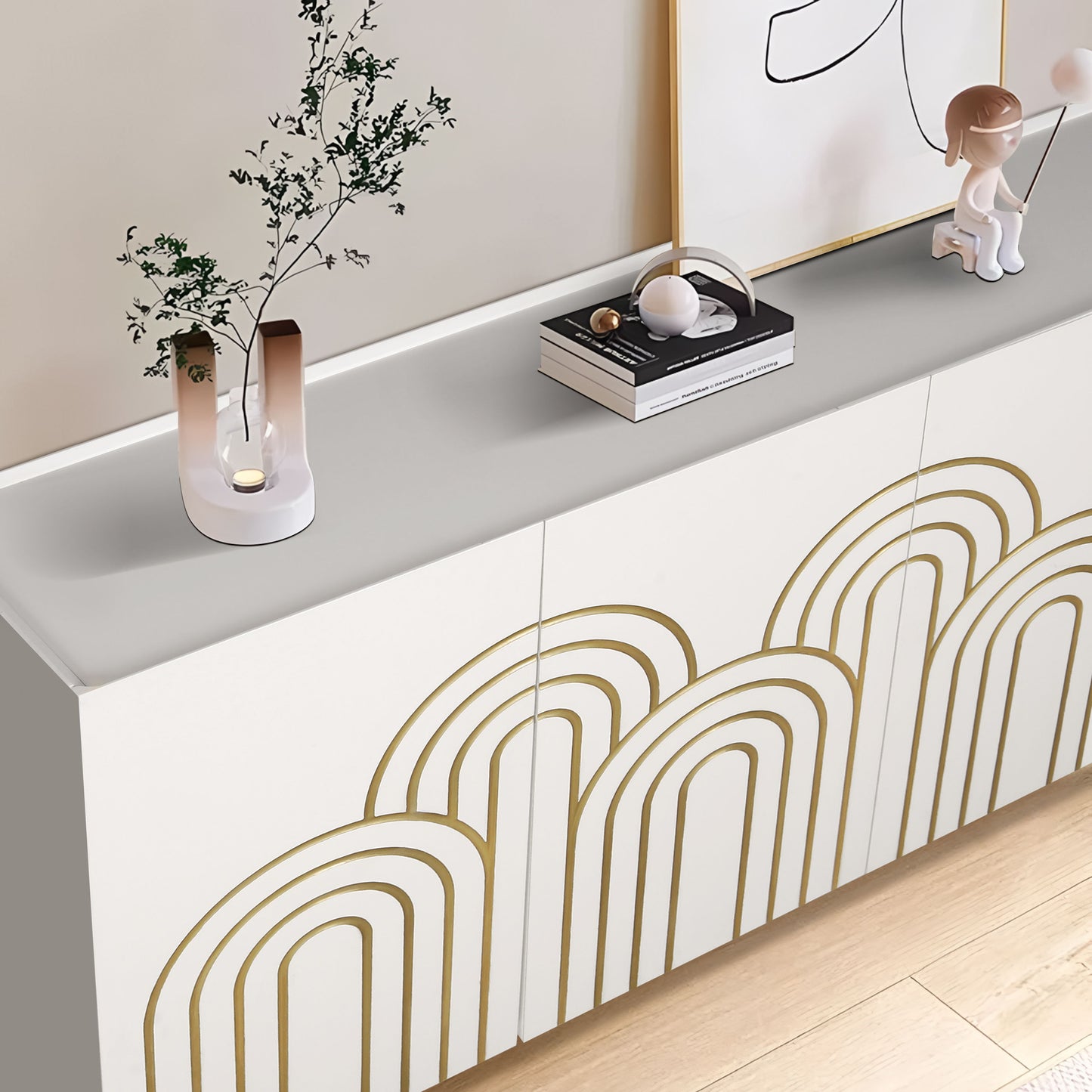 Modern Fluted Sideboard Buffet With Storage, Curve Element, 4 Doors With Adjustable Shelves - White
