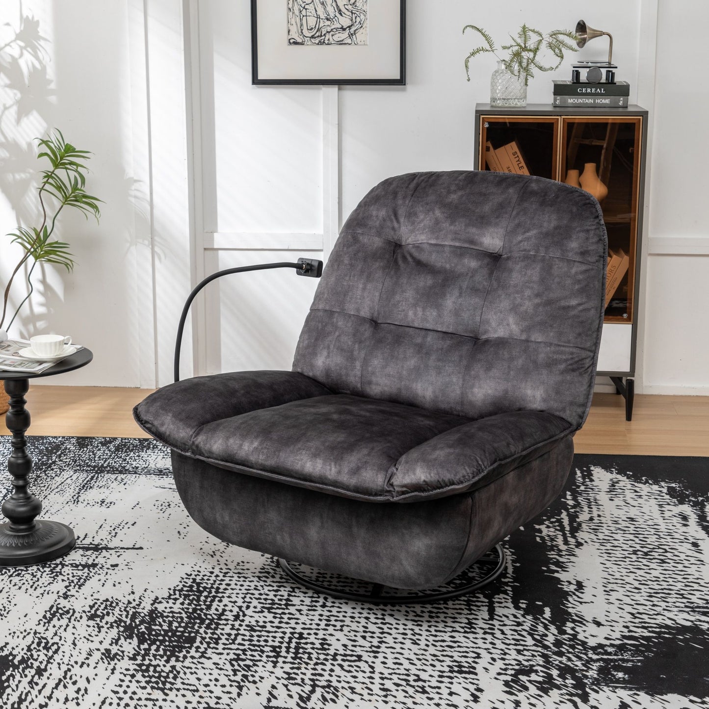 Modern Swivel Gliding Recliner Chair With Rocking Function And Phone Holder - Large Comfortable Reading Chair In Gold Stamped Velvet - Black
