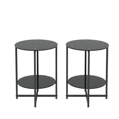 Tempered Glass End Table (Set of 2), Round Coffee Table For Bedroom Living Room Office - Black