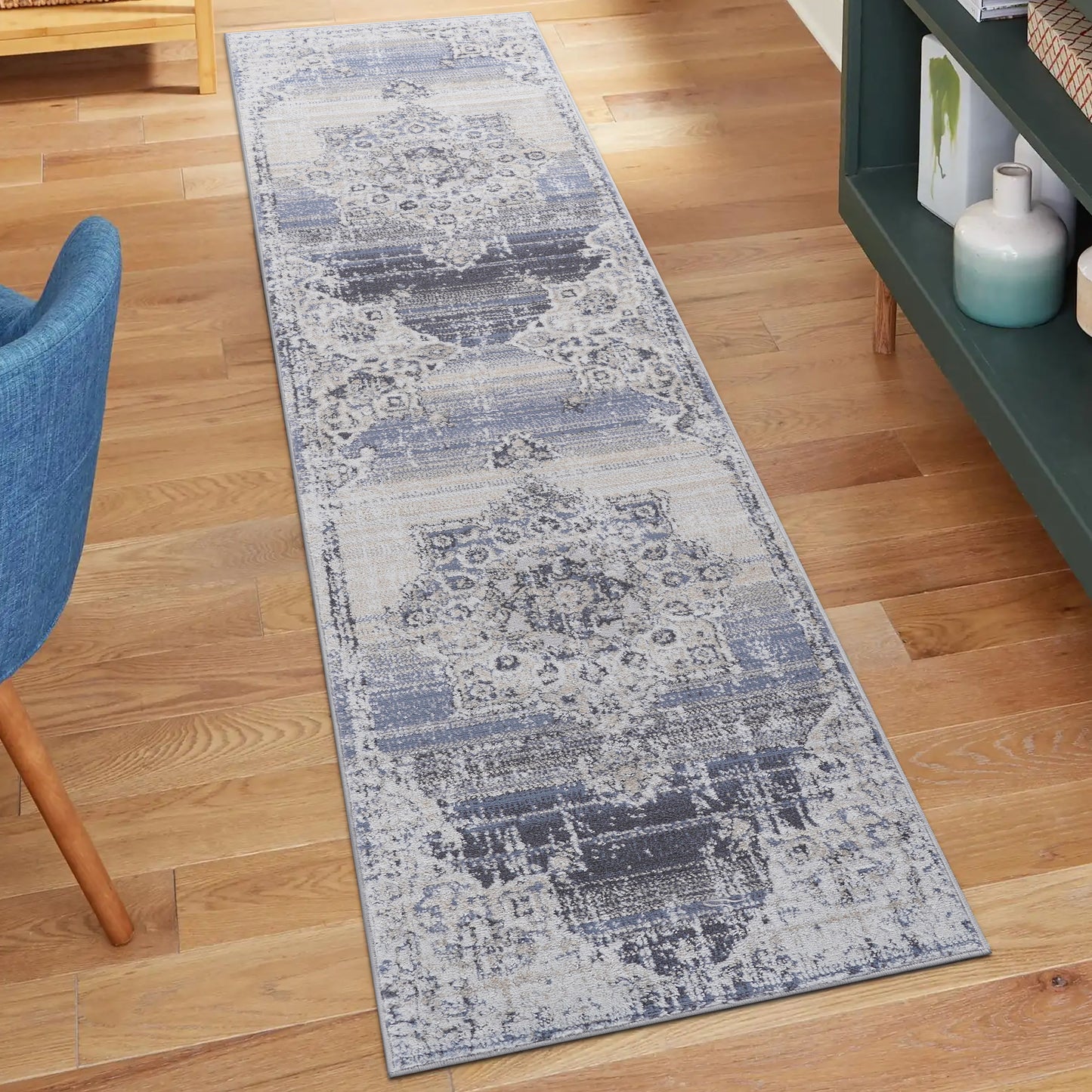 Payas - 2' X 8' Medallion Runner Rug - Cream / Blue