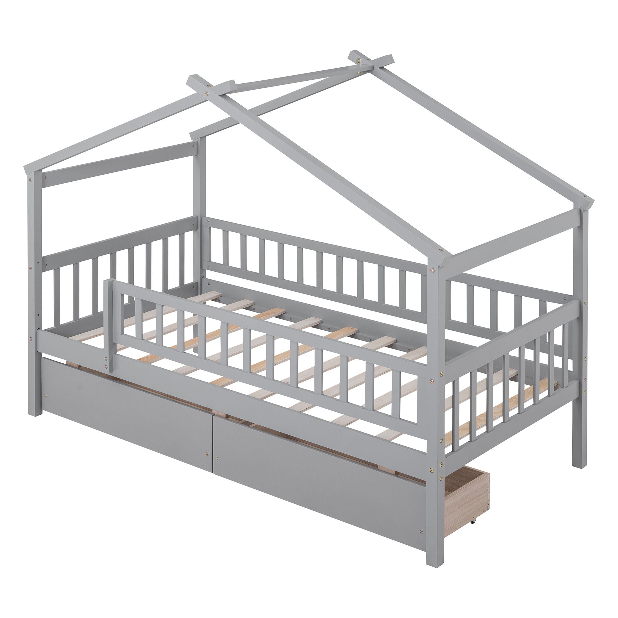 Twin Size House Bed With 2 Drawers - Gray