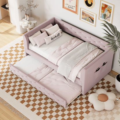Twin Size Upholstered Tufted Daybed With Trundle - Pink