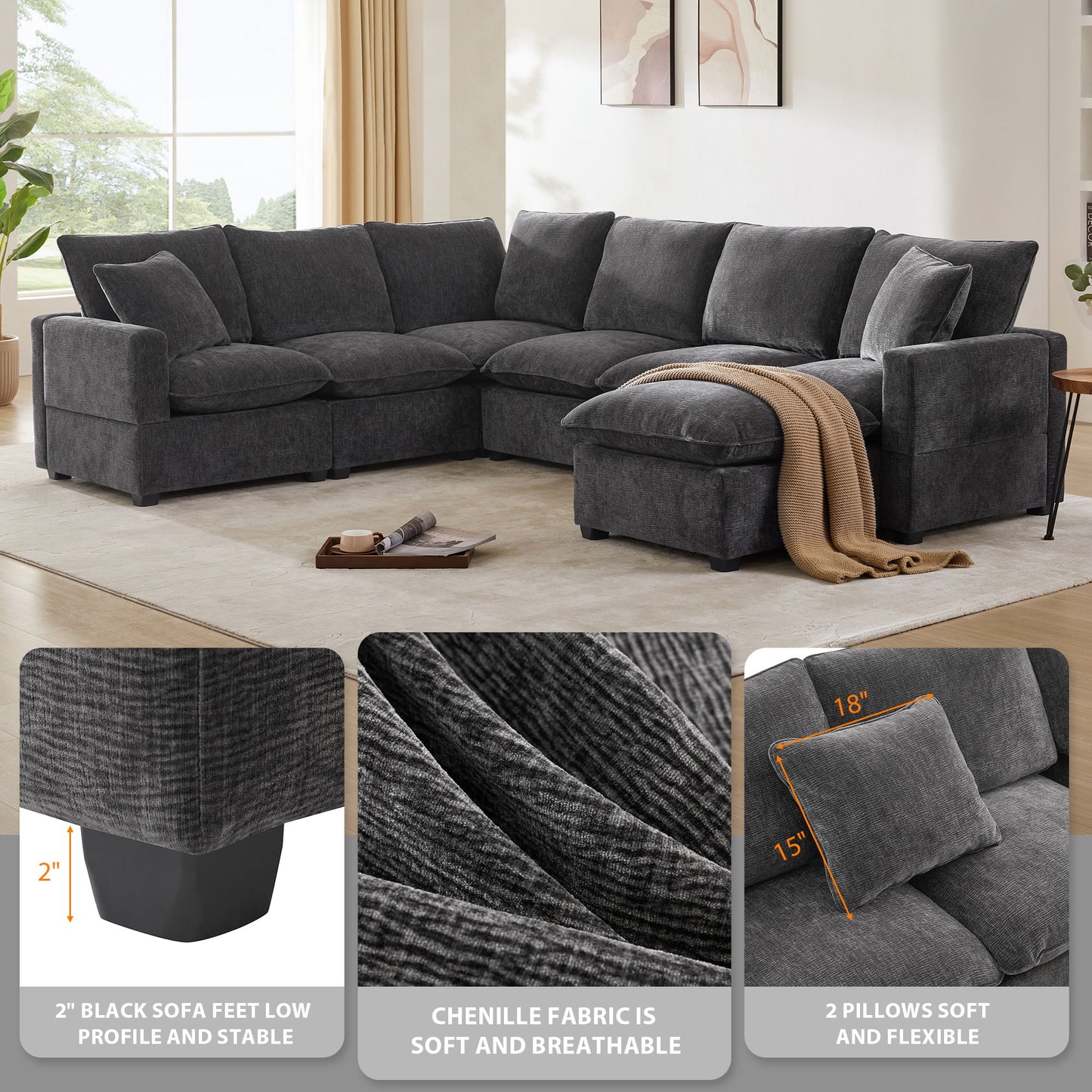 Modern U-Shape Modular Sofa, 7 Seat Chenille Sectional Couch Set With 2 Pillows Included, Freely Combinable Indoor Funiture - Black / Gray
