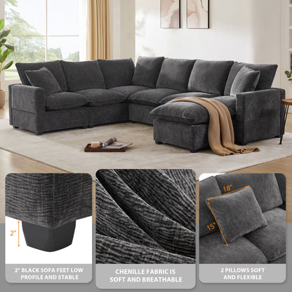 Modern U-Shape Modular Sofa, 7 Seat Chenille Sectional Couch Set With 2 Pillows Included, Freely Combinable Indoor Funiture - Black / Gray