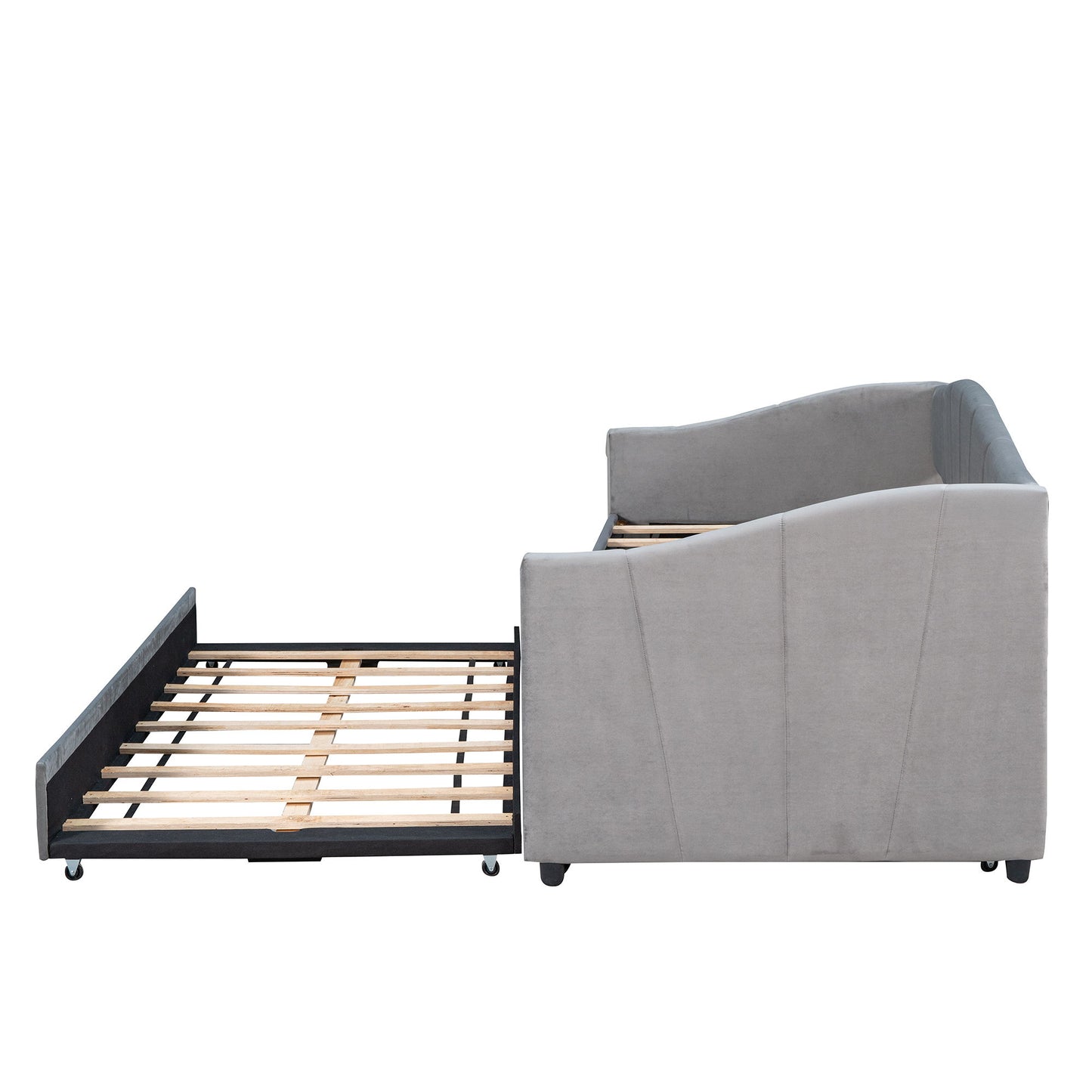 Twin Size Upholstered Daybed Sofa Bed With Trundle And Slat - Gray