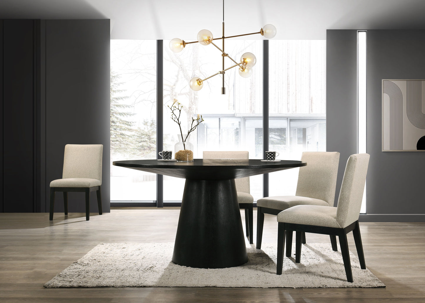 Jasper - 5 Piece Wide Contemporary Round Dining Table With Beige Fabric Chairs (Set of 5) - Black