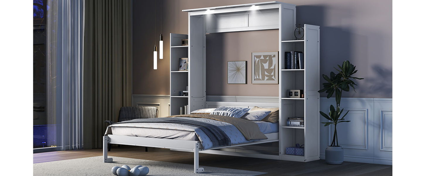 Queen Size Murphy Wall Bed With Shelves And LED Lights - White