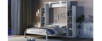 Queen Size Murphy Wall Bed With Shelves And LED Lights - White