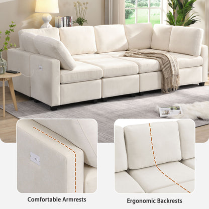 Sectional Sofa Couch Sofa Bed U-Shaped Sofa With Two Movable Ottoman And Three USB Ports For Living Room - Beige