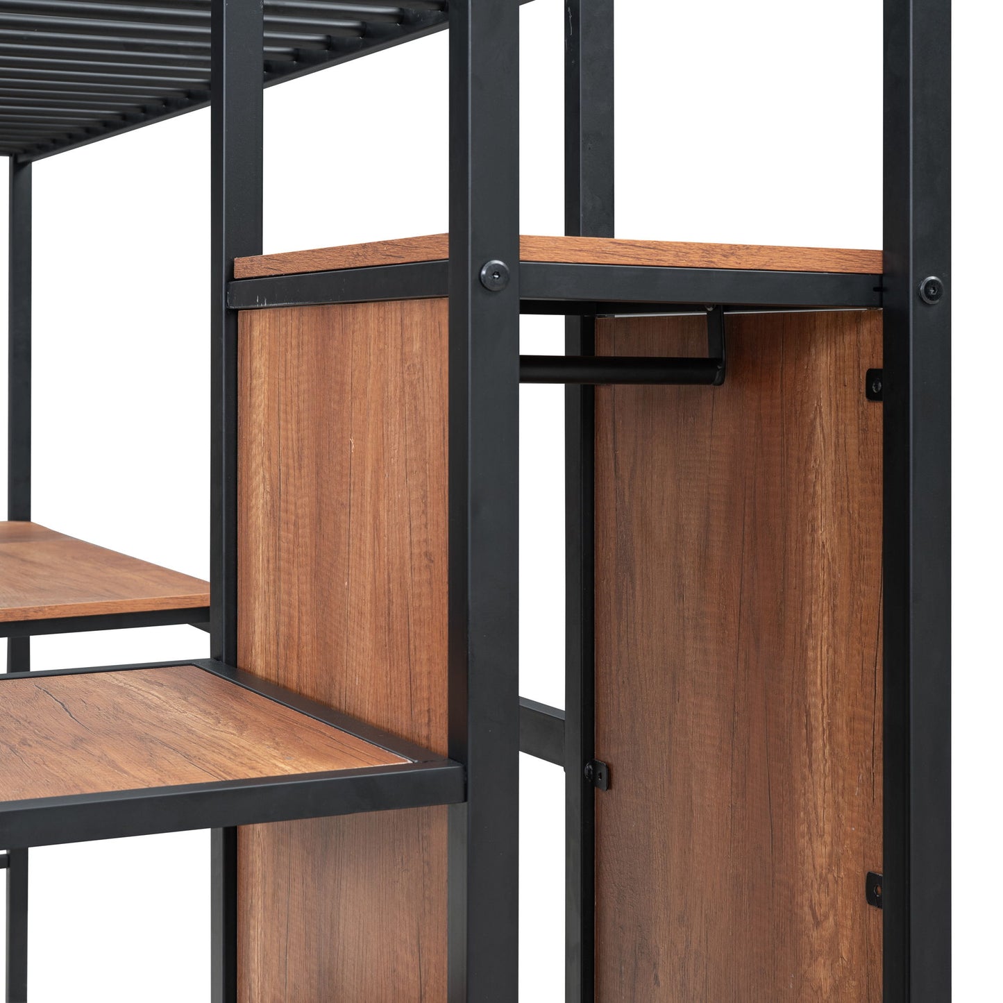 Twin Size Loft Bed With Desk And Grid, Stylish Frame With Lateral Storage Ladder And Wardrobe - Black