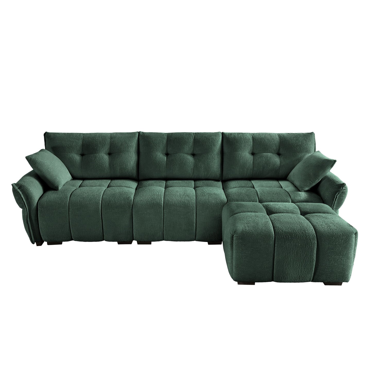 Stylish 3 Seater Sofa Set With Ottoman And Pillows, Textured, High Resilience Cushions - Green