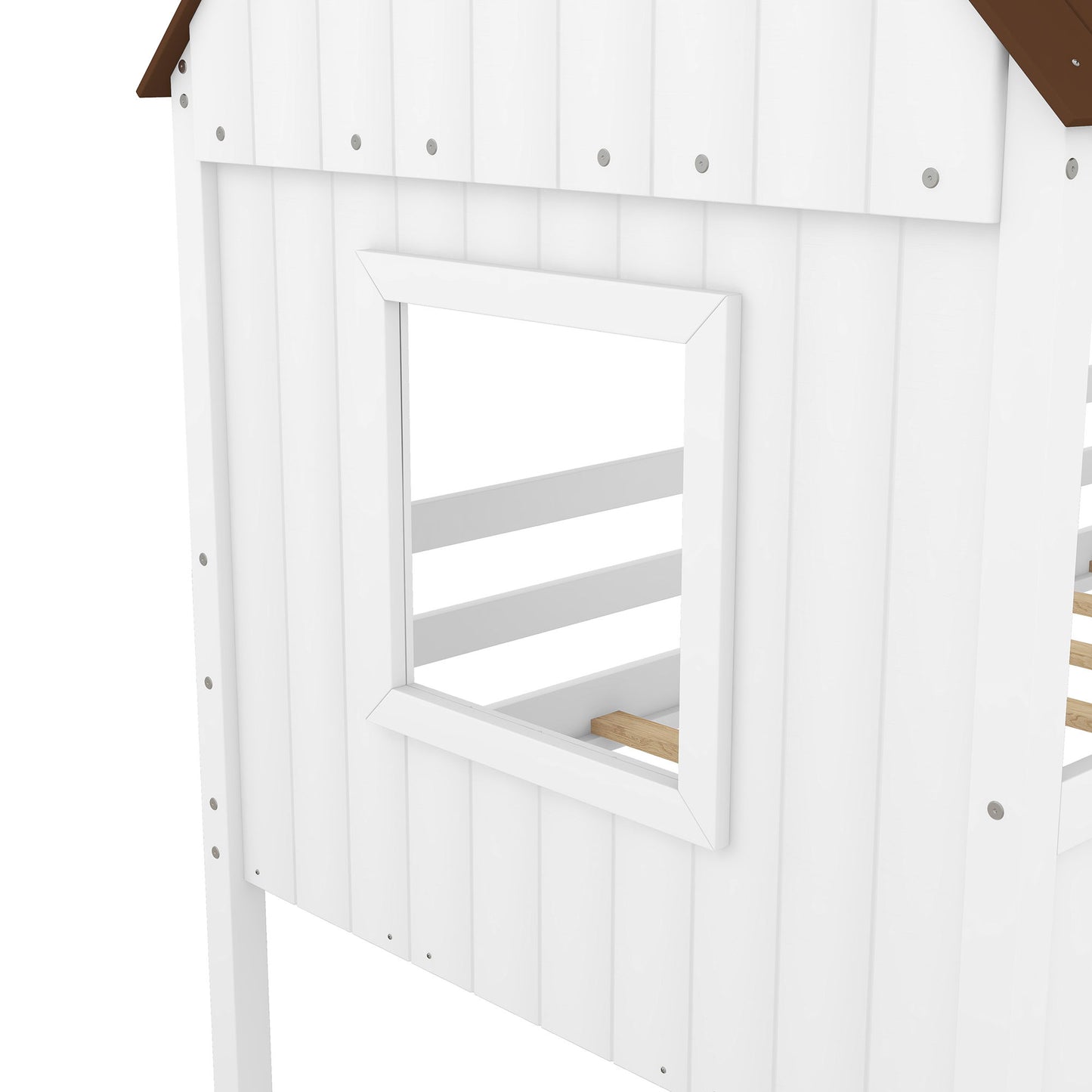 Twin Size Low Loft House Bed With Two Side Windows - White / Brown