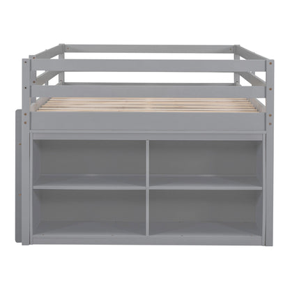 Full Size Loft Bed With Retractable Writing Desk And 4 Drawers, With Lateral Portable Desk And Shelves - Gray
