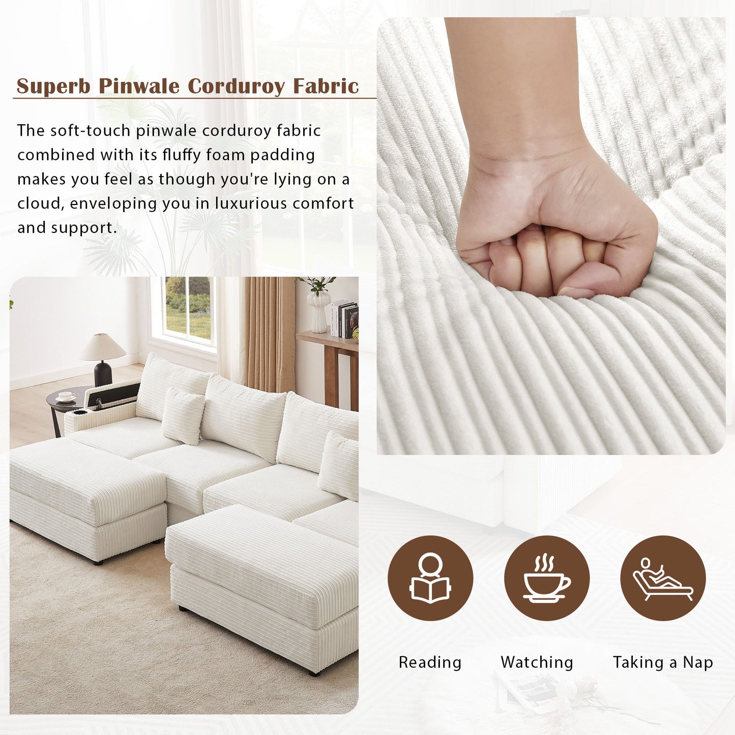 Modern Style 4 Seater Sofa Sectional Sofa Couch With Storage Space, Two Movable Ottomans, Two USB Ports, Two Cup Holders, A Phone Holder For Living Room - Beige
