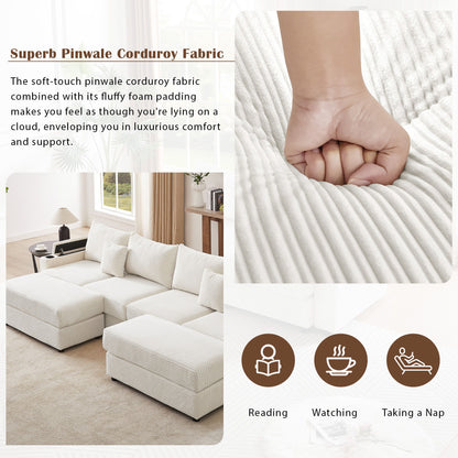Modern Style 4 Seater Sofa Sectional Sofa Couch With Storage Space, Two Movable Ottomans, Two USB Ports, Two Cup Holders, A Phone Holder For Living Room - Beige