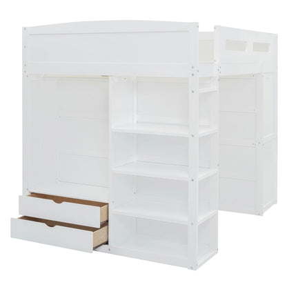 Full Size Loft Bed With Desk, Wardrobes, 4 Drawers And 4 Shelves - White