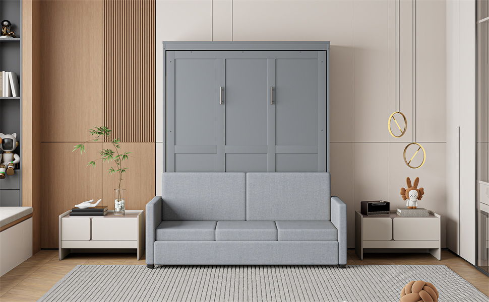 Full Size Murphy Wall Bed With Cushion - Gray