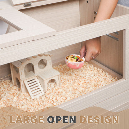 Guinea Pig Cages, Hamster Cage Wood With Independent Storage Cabinet, House For Rat Chinchilla With Guinea Pig Hutch And Bridge, Openable Top With Acrylic Sheets - Natural Wood