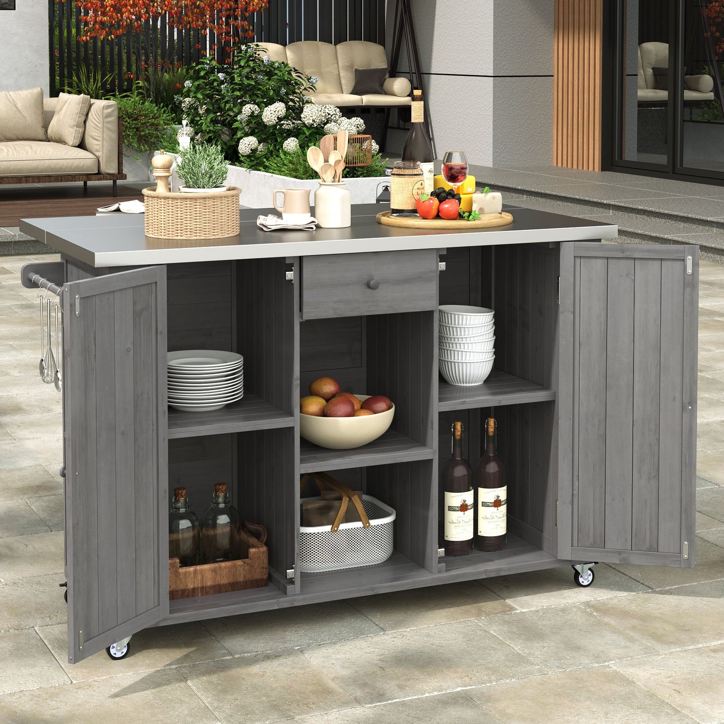 Outdoor Kitchen Island Fir Wood Kitchen Island With Stainless Steel Top, Ample Storage Space, Towel And Spice Racks And A Bottle Opener For Outdoor - Gray