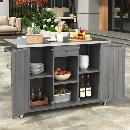 Outdoor Kitchen Island Fir Wood Kitchen Island With Stainless Steel Top, Ample Storage Space, Towel And Spice Racks And A Bottle Opener For Outdoor - Gray