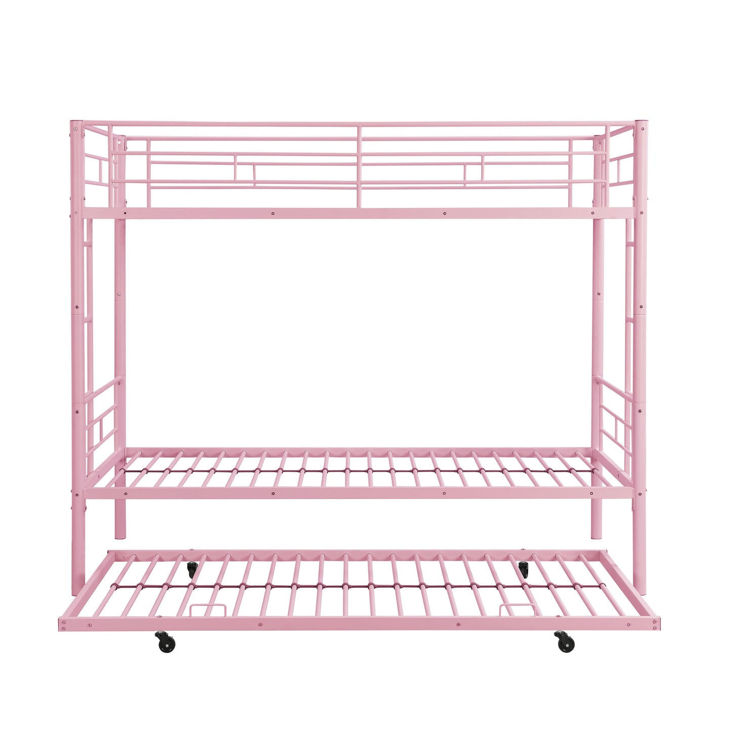Modern Metal Bunk Bed With Trundle, Durable Steel, Twin Over Twin - Pink