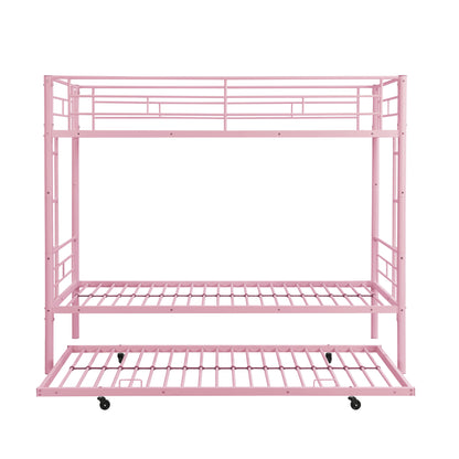 Modern Metal Bunk Bed With Trundle, Durable Steel, Twin Over Twin - Pink