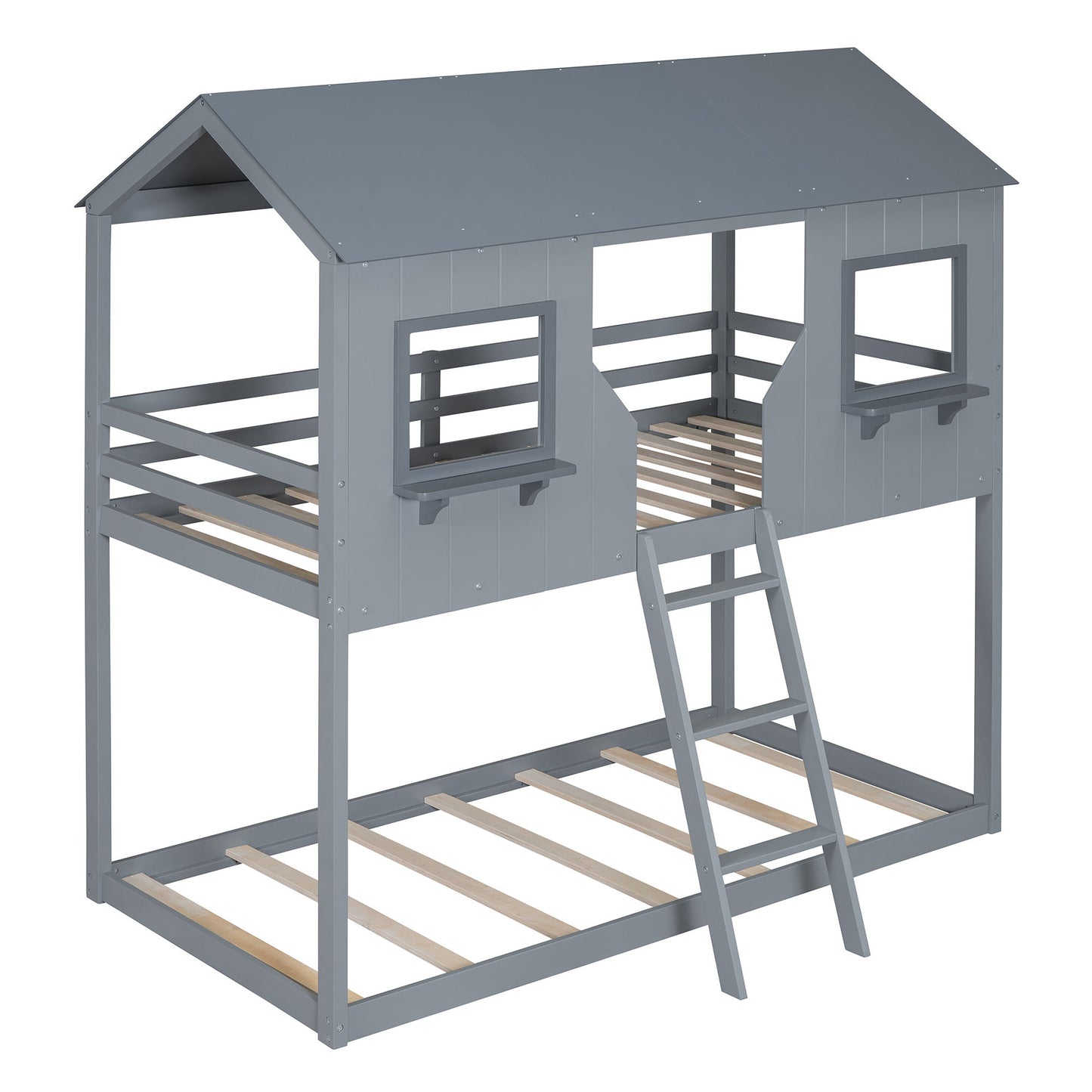 Twin Over Twin Bunk Bed With Roof, Window, Guardrail, Ladder - Gray