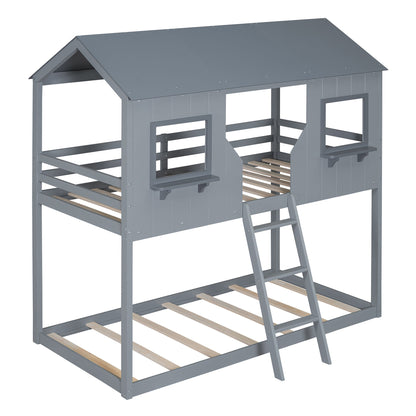 Twin Over Twin Bunk Bed With Roof, Window, Guardrail, Ladder - Gray