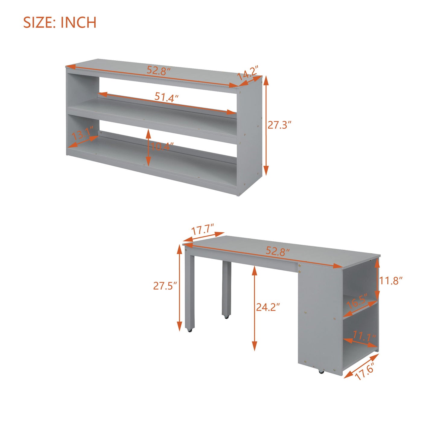 Full Size Loft Bed With Retractable Writing Desk And 3 Drawers With Storage Stairs And Shelves - Gray