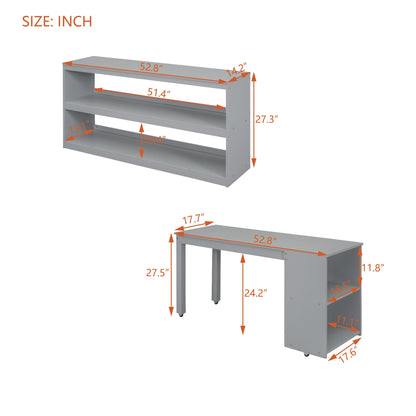 Full Size Loft Bed With Retractable Writing Desk And 3 Drawers With Storage Stairs And Shelves - Gray