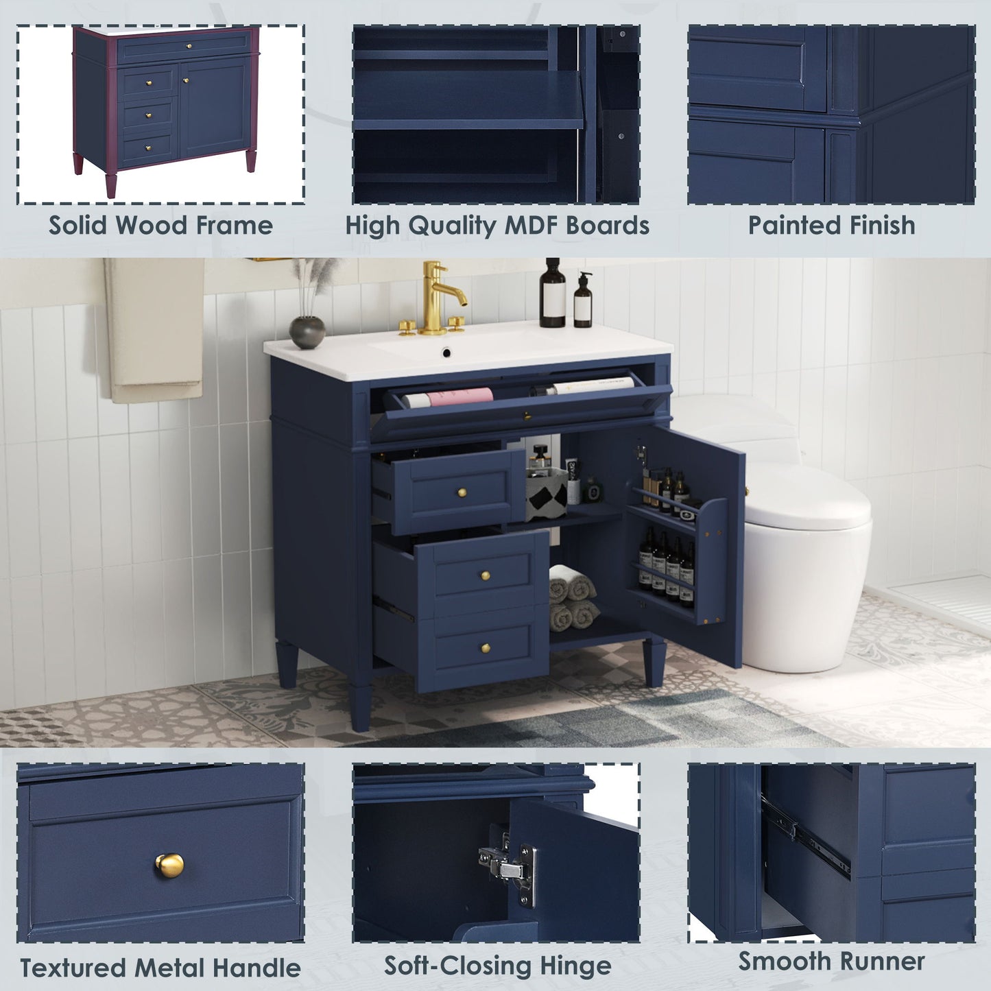 Bathroom Vanity With Top Sink, Modern Bathroom Storage Cabinet, 2 Drawers And A Tip-Out Drawer, Single Sink Bathroom Vanity - Blue