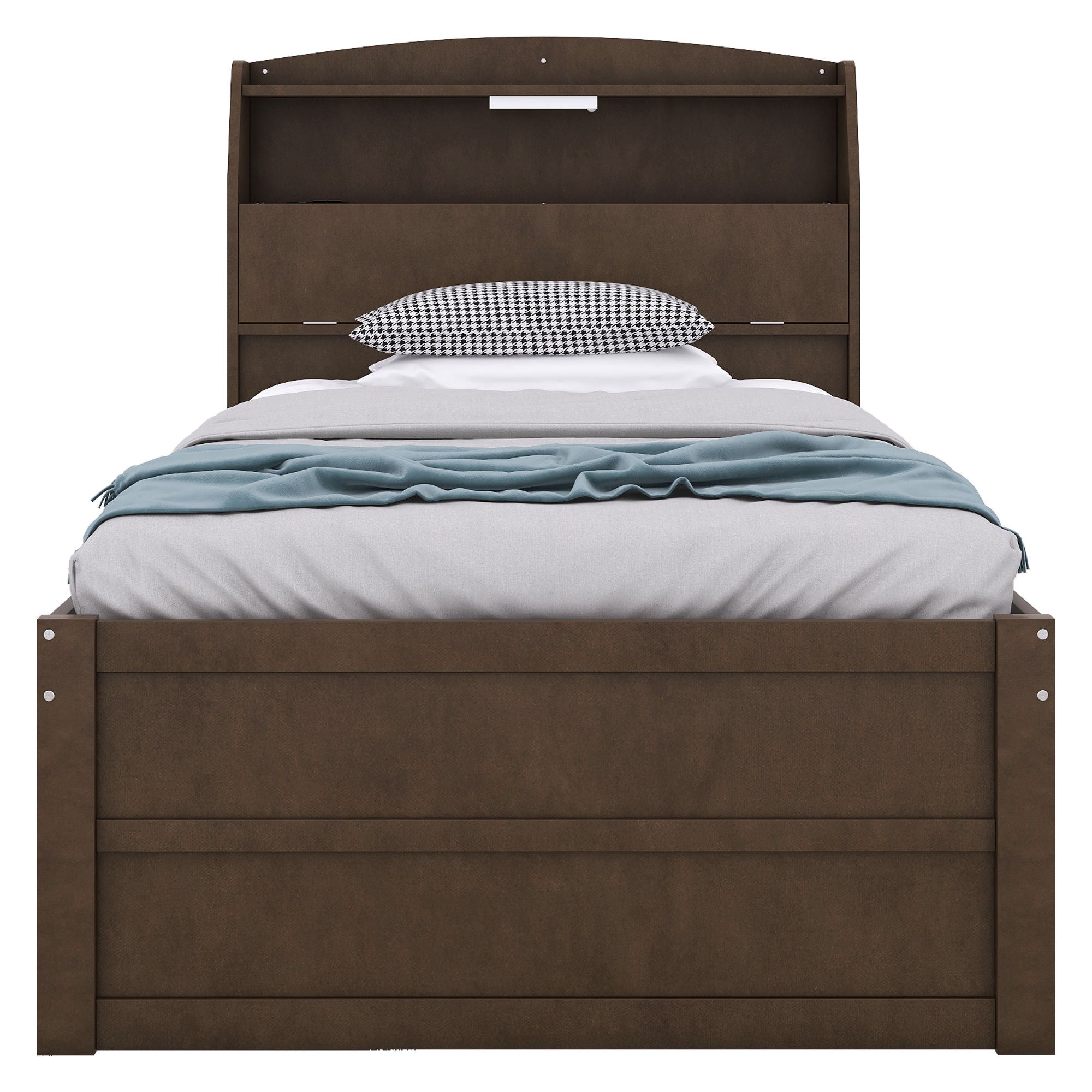 Twin Size LED Platform Bed With Trundle With Storage Headboard With Drawers - Brown