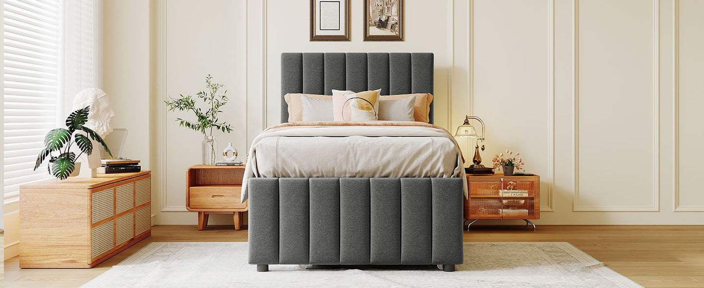 Twin Size Upholstered Platform Bed With Trundle And 3 Drawers - Gray