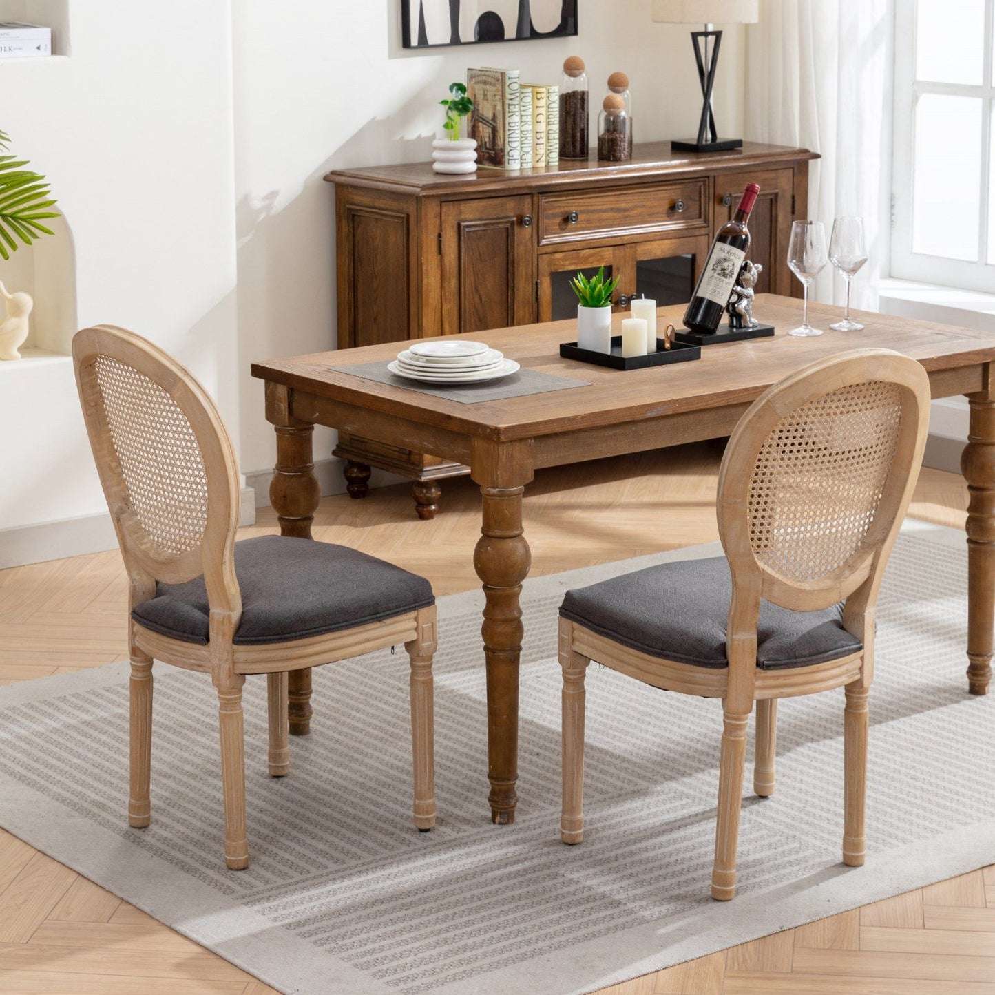 French Style Solid Wood Frame Antique Painting Linen Fabric Rattan Back Dining Chair (Set of 2) - Gray