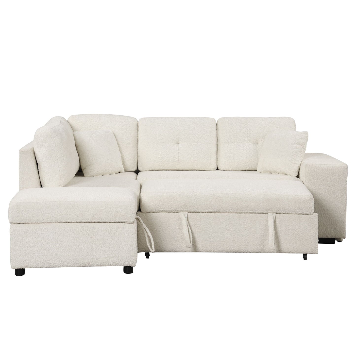 Convertible Sleeper, Sectional Pull Out Sofa Bed With Storage Ottoman, 2 Throw Pillows, 2 Stools, Wireless Charger And Two Hidden USB Ports For Living Room - Cream