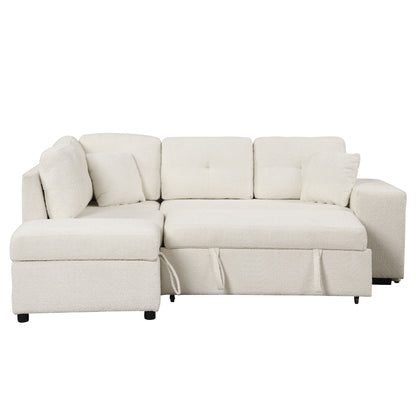Convertible Sleeper, Sectional Pull Out Sofa Bed With Storage Ottoman, 2 Throw Pillows, 2 Stools, Wireless Charger And Two Hidden USB Ports For Living Room - Cream