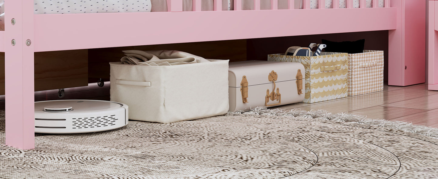 Twin Size Bed With Headboard Storage Rack, 2 Under Bed Drawers, 3 - Side Guardrails For Safety And Security - Pink