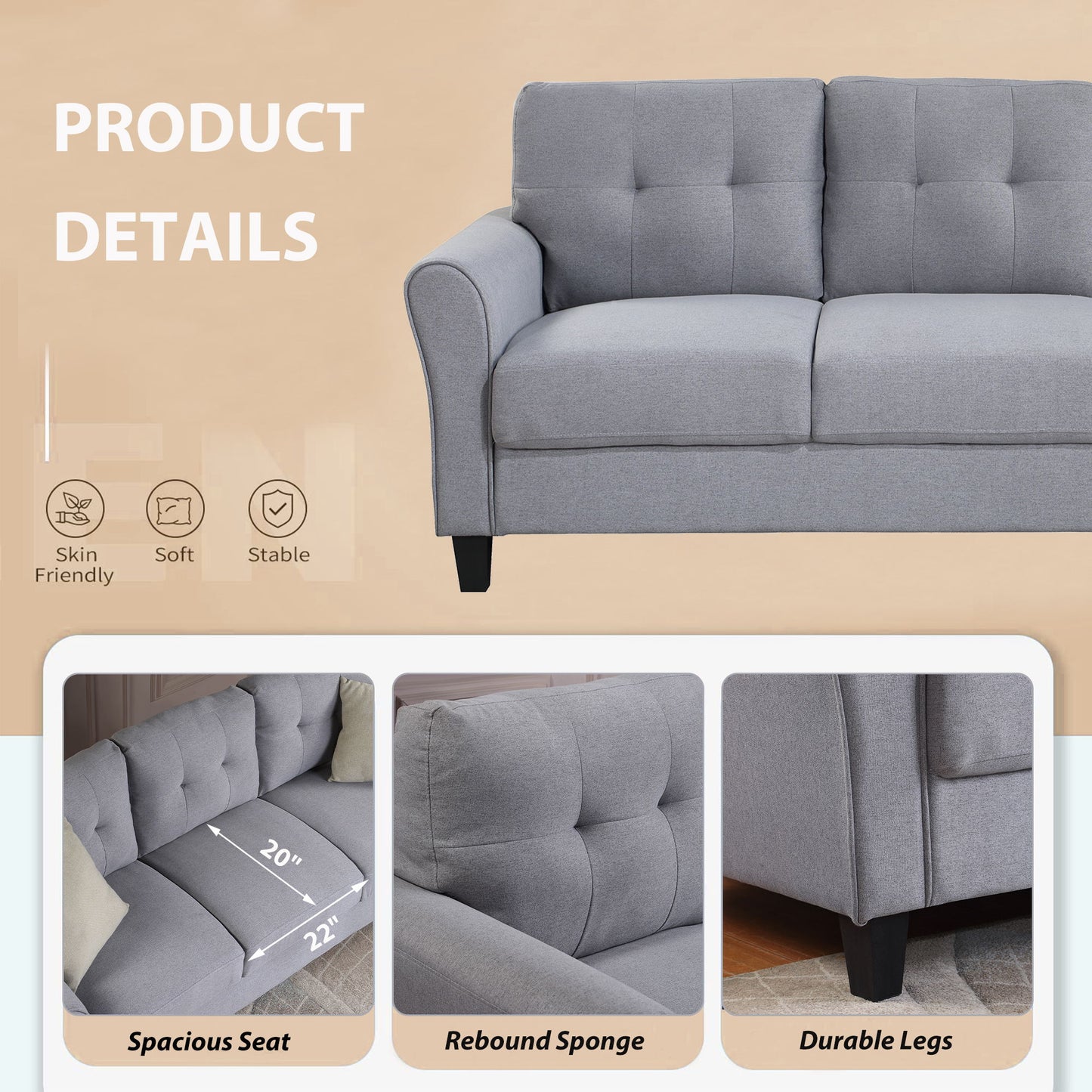 Modern Living Room Sofa Set Linen Upholstered Couch Furniture For Home Or Office - Light Gray / Blue
