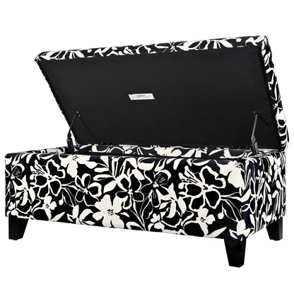 Luxury Storage Ottoman With Floral Patterned Fabric, Soft Close Hinges, Multi Functional Footrest & Seat - Black Floral / White