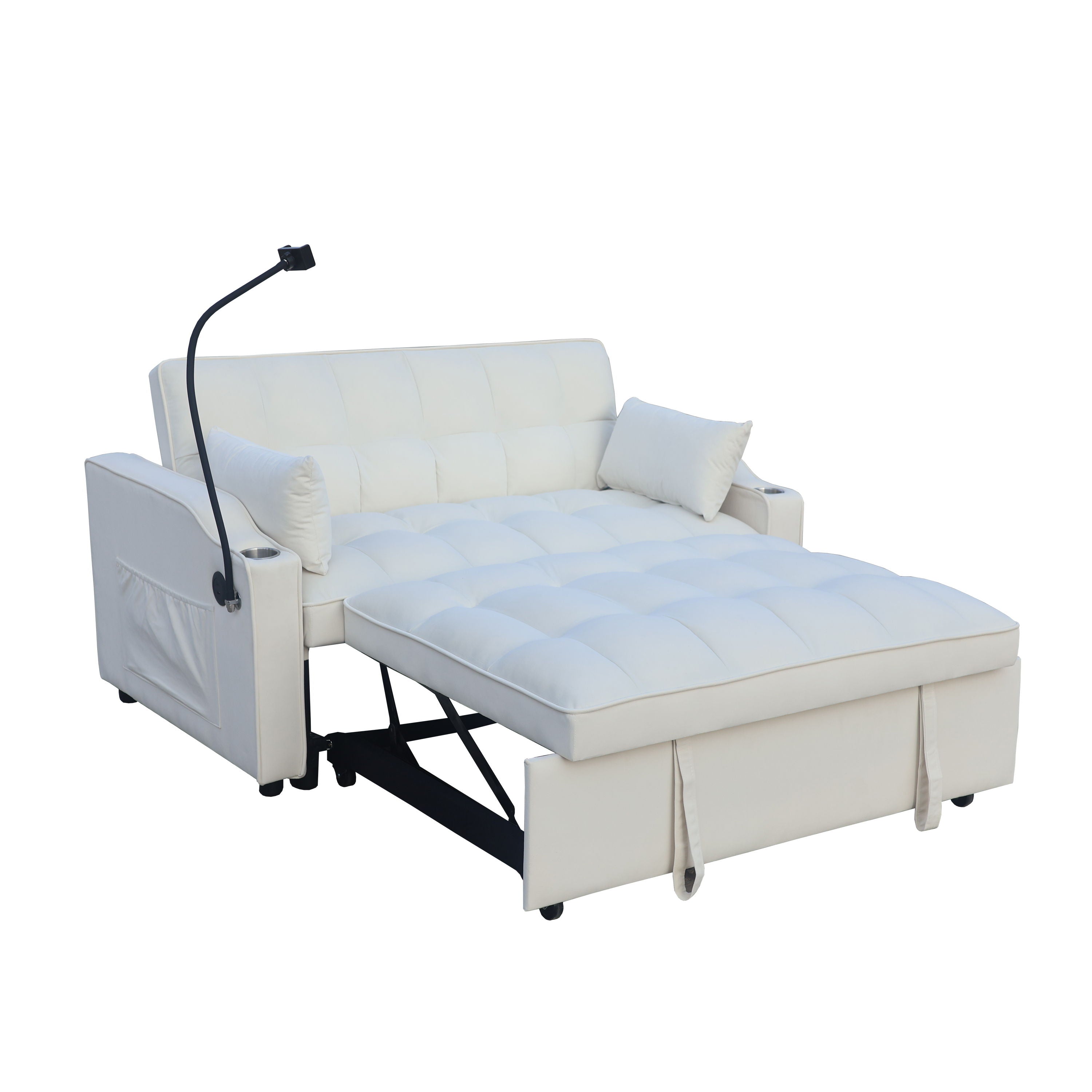 Modern Velvet Loveseat Futon Sofa Couch With Pullout Bed, Adjustable Reclining Backrest - Beige