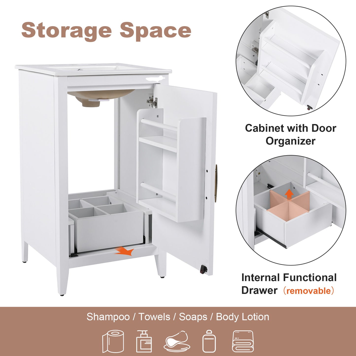 Modern 20.3" Bathroom Vanity With Sink, Functional Drawer, Soft Closing Door - White
