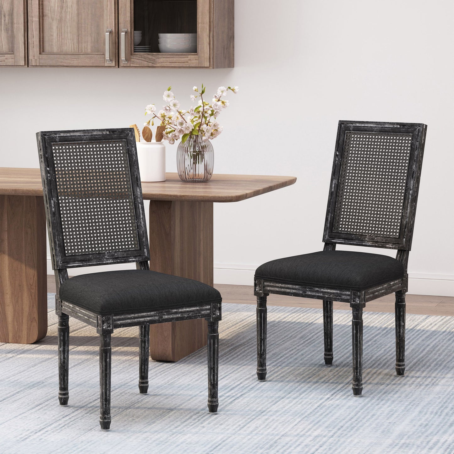 French Country Inspired Dining Chair Set With Cane Backrest - Distressed Light Brown