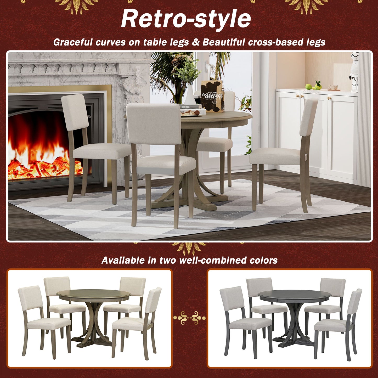 5 Piece Retro Round Dining Table Set With Curved Trestle Style Table Legs And 4 Upholstered Chairs For Dining Room - Taupe