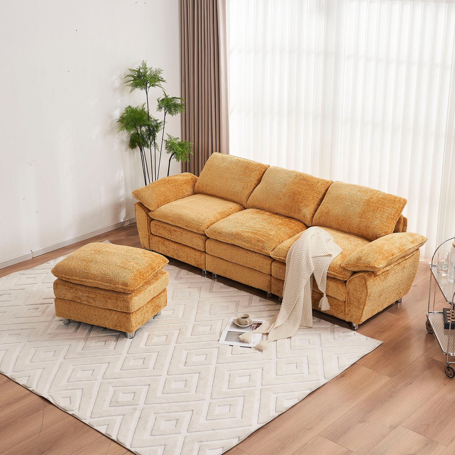 Modern Deep 3 Seat Sofa Couch With Ottoman, Polyester Sofa Sleeper Comfy Upholstered Furniture For Living Room - Yellow