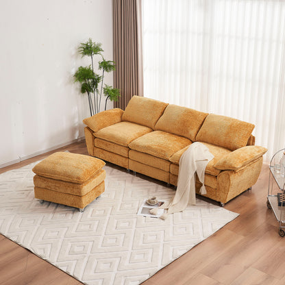 Modern Deep 3 Seat Sofa Couch With Ottoman, Polyester Sofa Sleeper Comfy Upholstered Furniture For Living Room - Yellow
