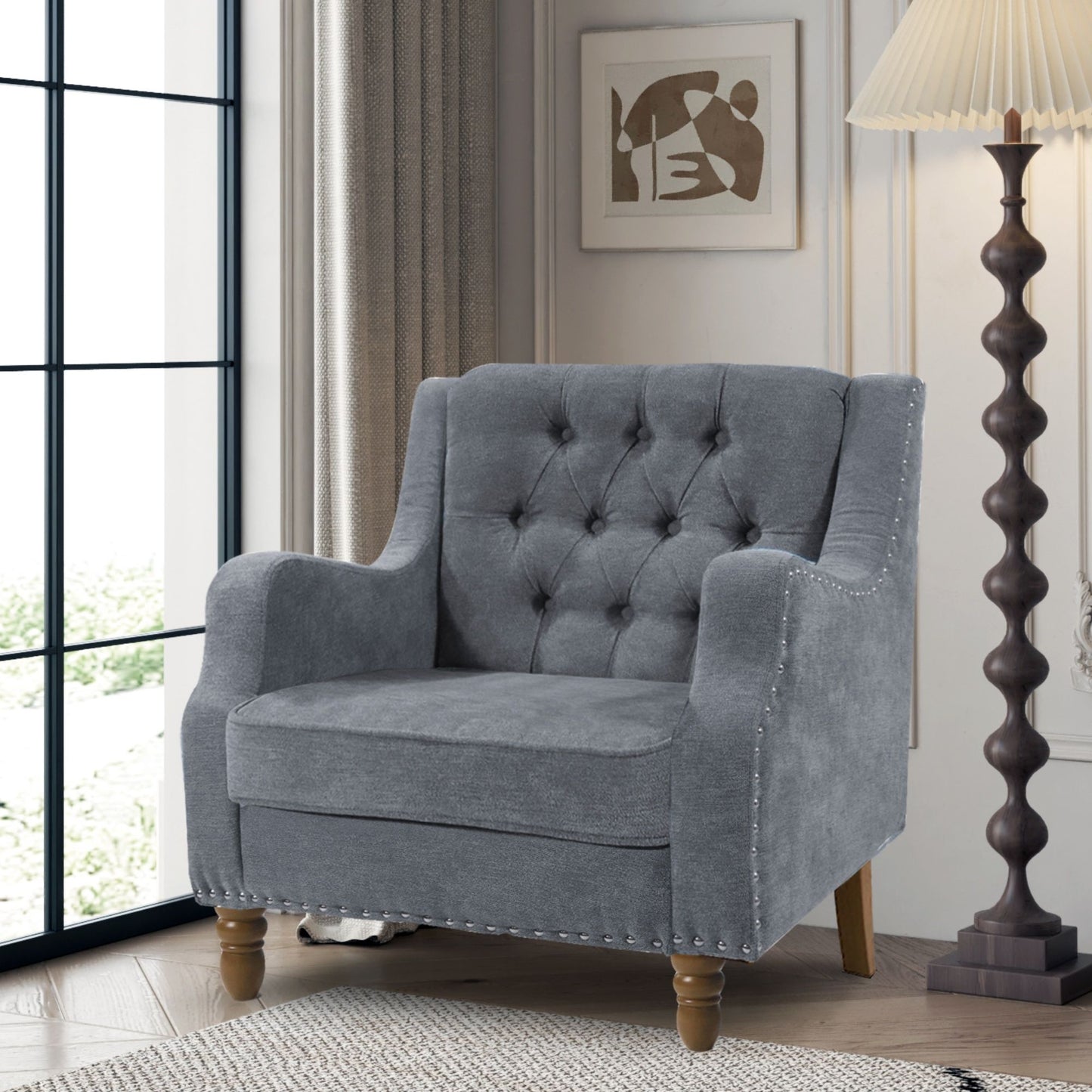 Accent Chair, Living Room Chair, Footrest Chair Set With Vintage Brass Studs, Button Tufted Upholstered Armchair For Living Room, Comfy Reading Chair For Bedroom, Reception Room - Gray