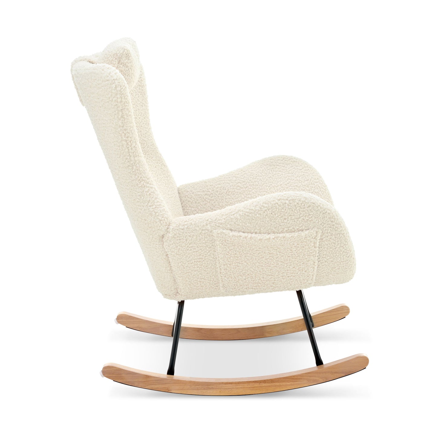 Rocking Chair Nursery, Teddy Upholstered Rocker Glider Chair With High Backrest, Adjustable Headrest & Pocket, Comfy Glider Chair For Nursery, Bedroom, Living Room, Offices, Rubber Wood - Beige