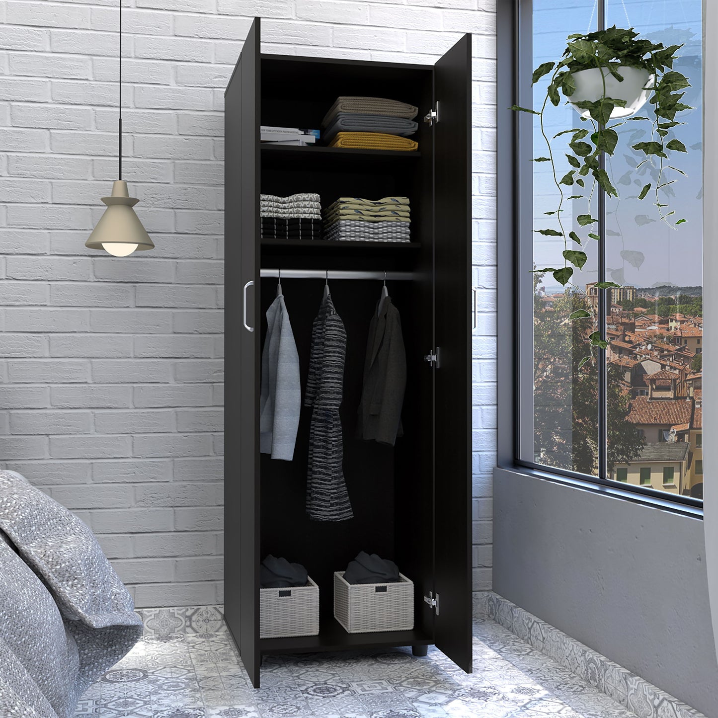 Armoire Organiser, Two Shelves, Rod, Double Door Cabinet Armoire - Black