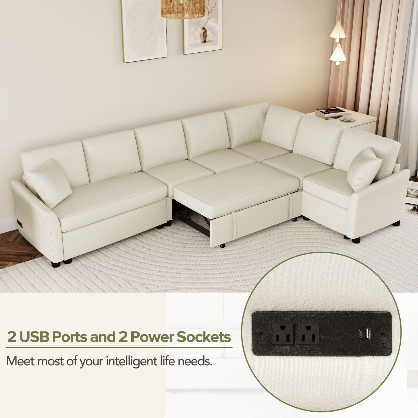 L-Shaped Sofa Convertible Sofa Bed Pull Out Sofa Sleeper With Two Back Pillows, Two USB Ports And Two Power Sockets For Living Room - Beige