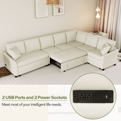 L-Shaped Sofa Convertible Sofa Bed Pull Out Sofa Sleeper With Two Back Pillows, Two USB Ports And Two Power Sockets For Living Room - Beige